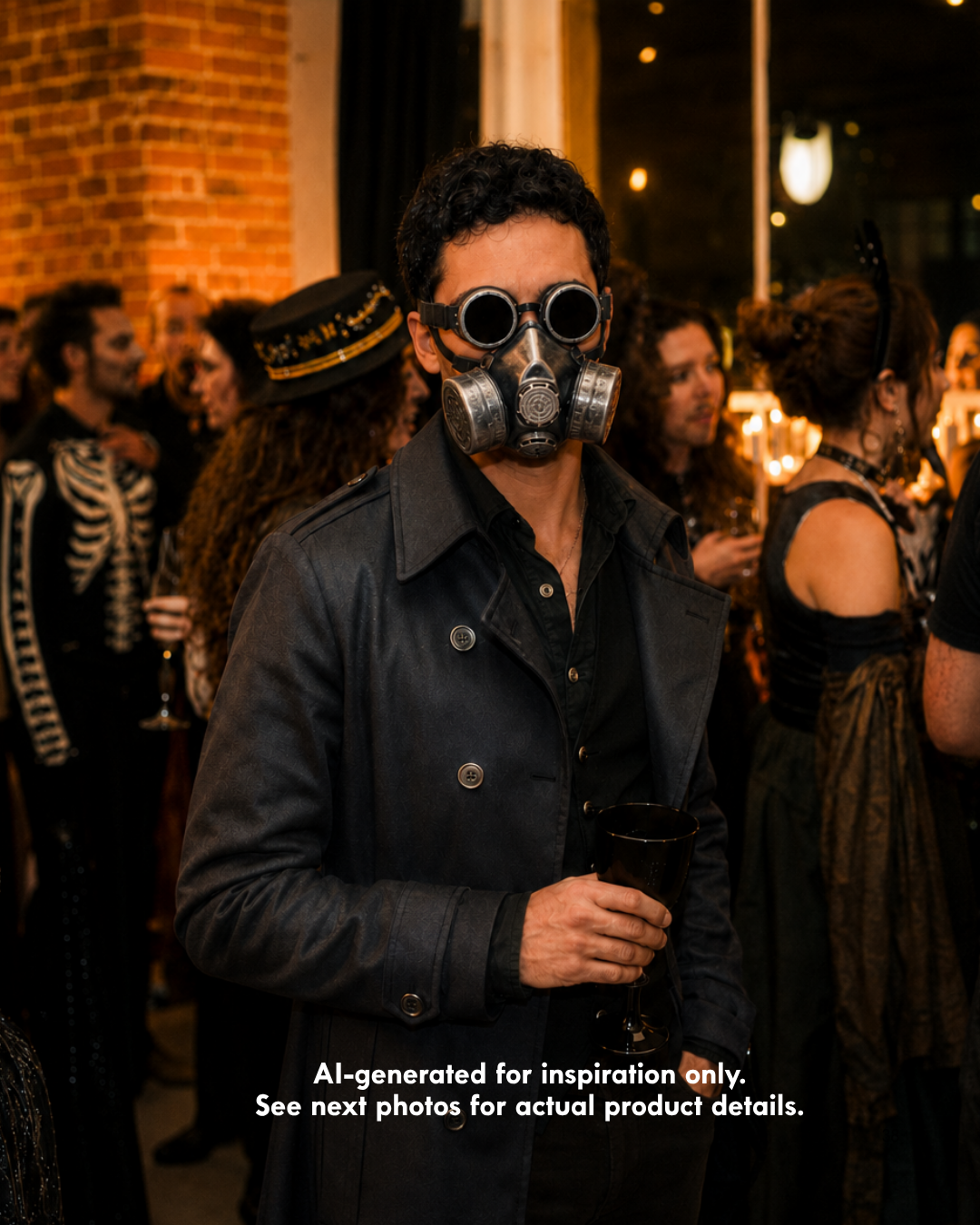 Silver and black cosplay gas mask with coordinating round goggles, dual side filter canisters, dark lenses, and a weathered industrial respirator silhouette for cosplay, Halloween, cyberpunk events, and theatrical styling.

