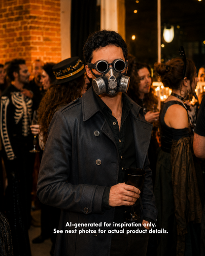 Silver and black cosplay gas mask with coordinating round goggles, dual side filter canisters, dark lenses, and a weathered industrial respirator silhouette for cosplay, Halloween, cyberpunk events, and theatrical styling.


