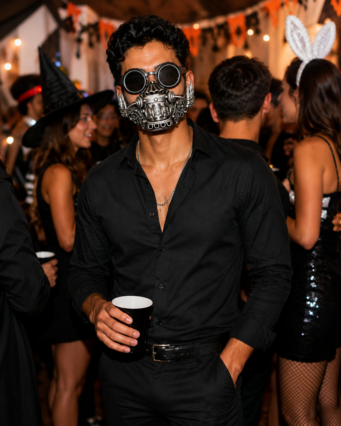 Silver cosplay gas mask with spiked side accents and black round goggles, featuring curved tubes, gear details, and industrial mechanical styling.
