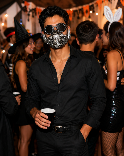 Silver cosplay gas mask with spiked side accents and black round goggles, featuring curved tubes, gear details, and industrial mechanical styling.
