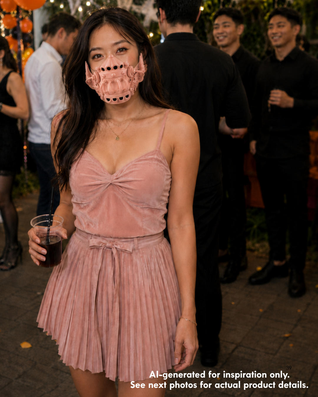 Pink steampunk respirator mask with mechanical half-face silhouette, curved tubes, gear details, vent openings, and pointed side accents.