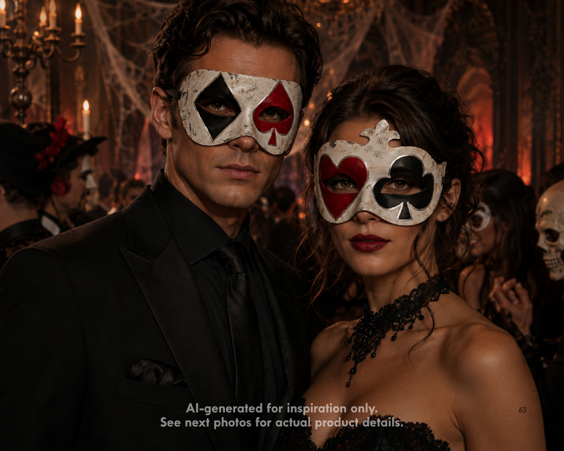 Harlequin Royale red black and silver masquerade mask set with distressed playing-card suit details, sculpted eye openings, and casino styling.