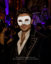Haunted Silver Drip Mask in white with silver glitter drip detail, half-face masquerade shape, and Halloween party styling.