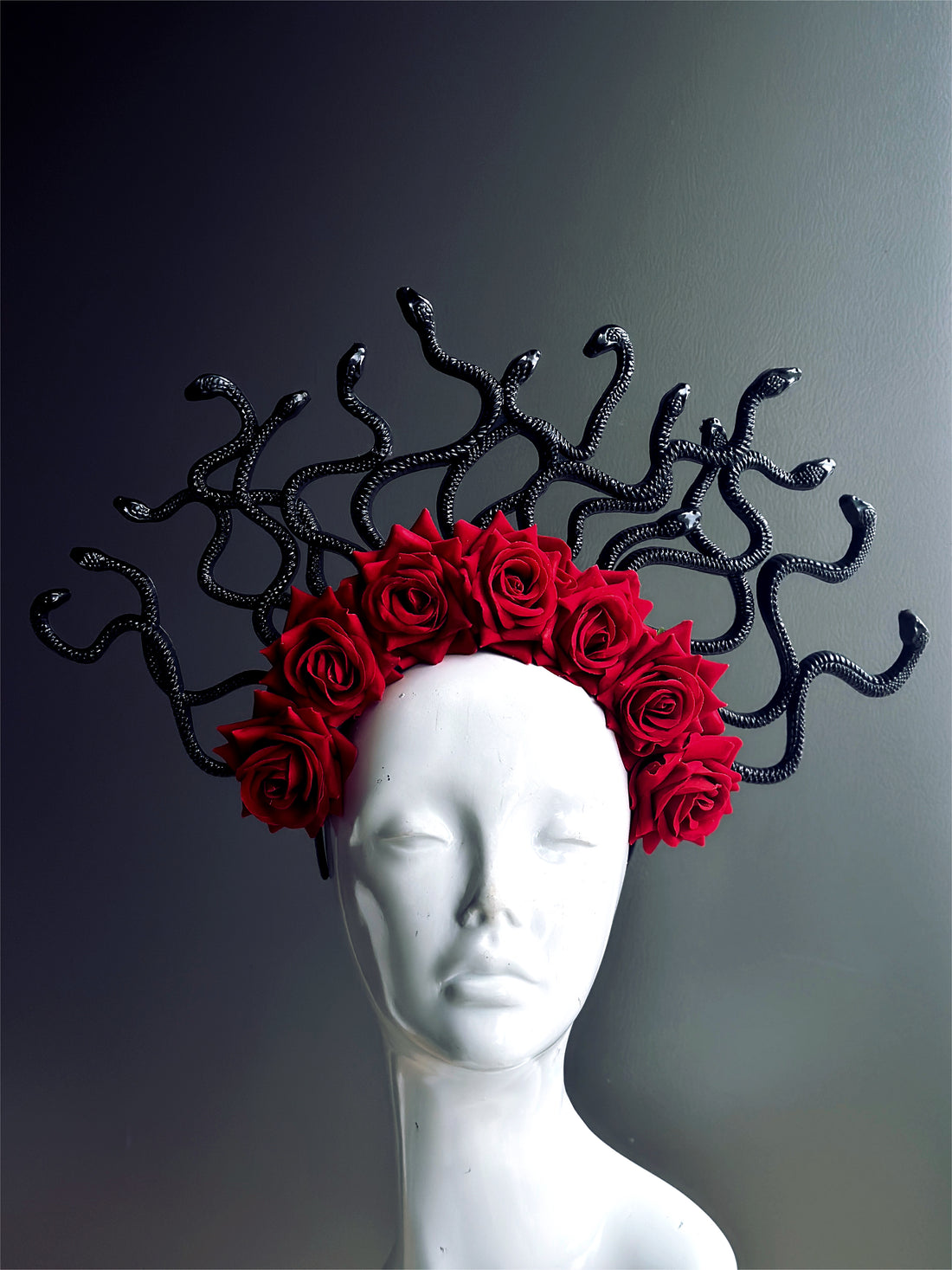 Medusa snake headpiece in black with red roses for sale.