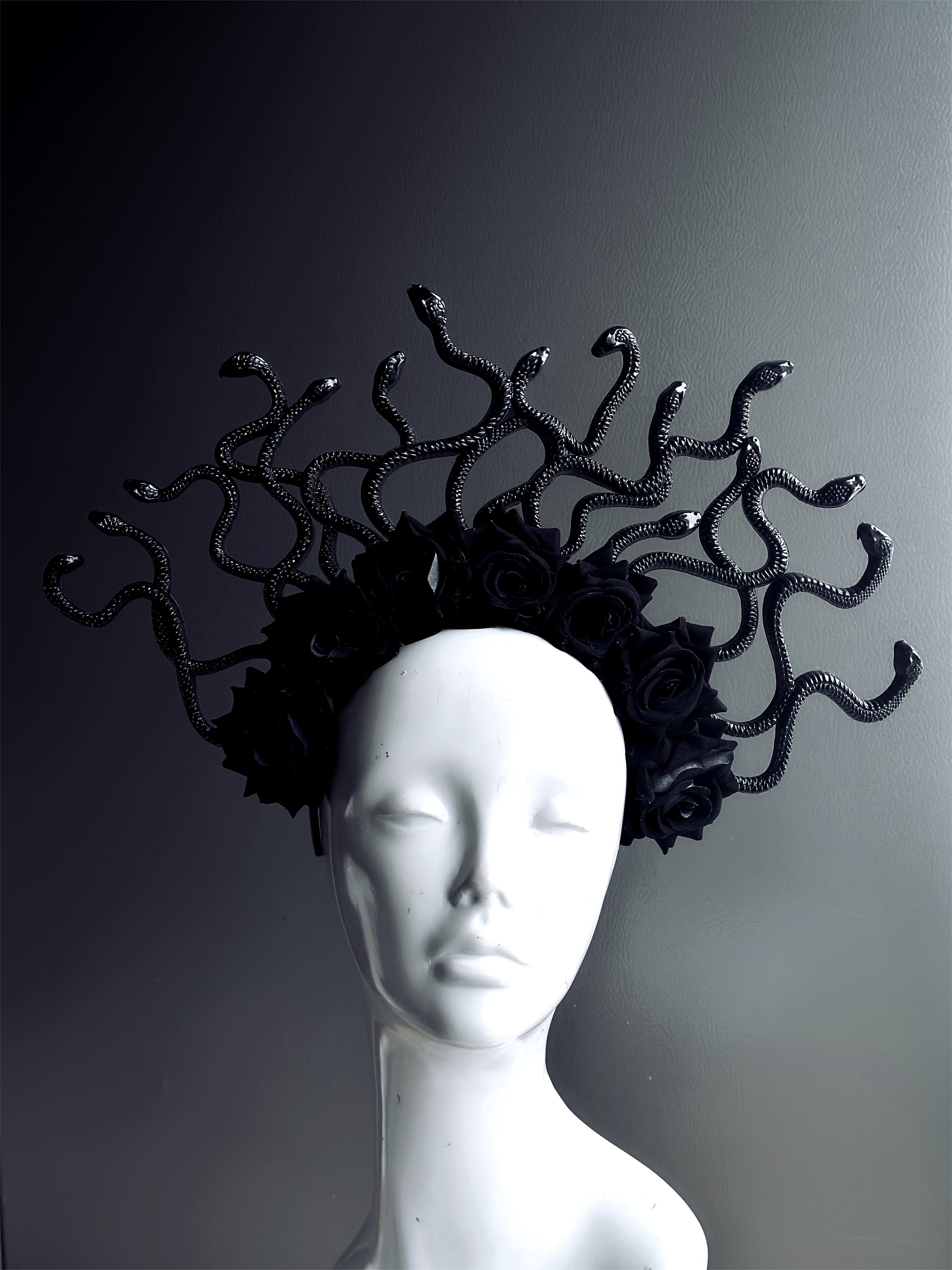 Medusa snake headpiece in black with black roses for sale.
