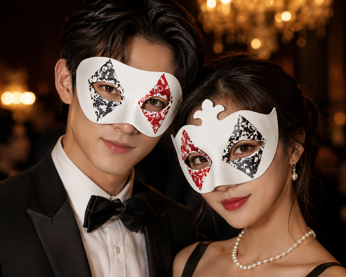 High Stakes Harlequin red black and white casino couples mask set with distressed diamond eye patterns and decorative crest.