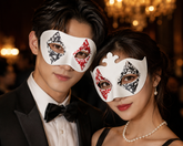 High Stakes Harlequin red black and white casino couples mask set with distressed diamond eye patterns and decorative crest.