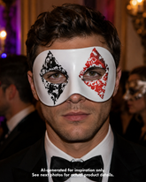 White men’s casino masquerade mask with distressed red and black harlequin diamond eye accents and ribbon ties.