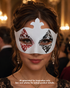 High Stakes Harlequin white women’s casino mask with distressed red and black diamond eye accents, raised crest, and ribbon ties.