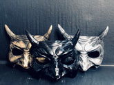 Horned Demon Masquerade Mask,  black, silver, and gold.