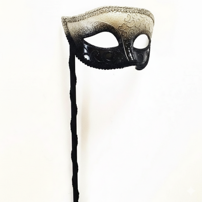 Elegant  Venetian Stick Mask - Gold/Black