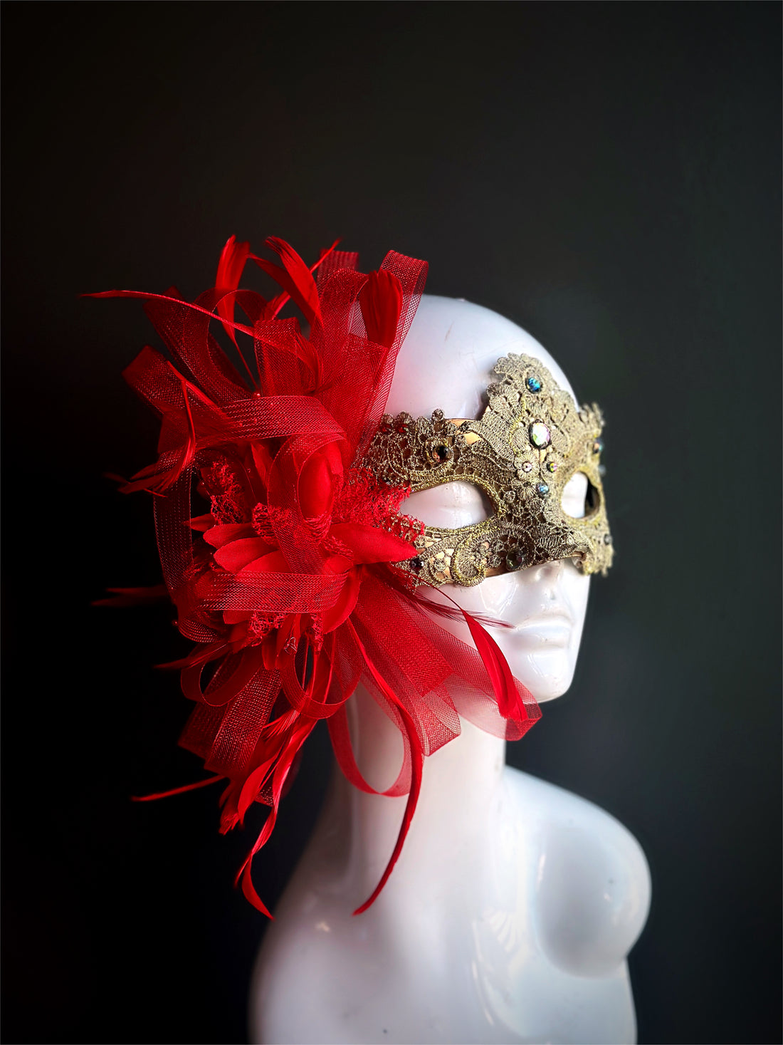 Womens Masquerade Mask Brocade Feathers Gold Red