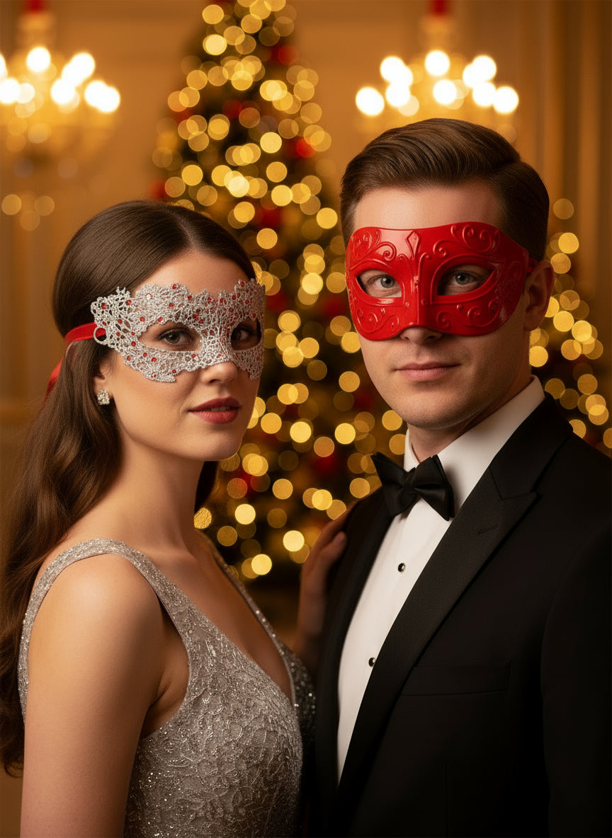 Couples Mask Set – Red & Silver Lace