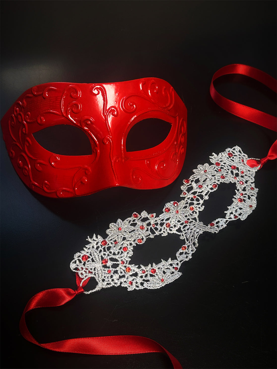 Couples Mask Set – Red &amp; Silver Lace