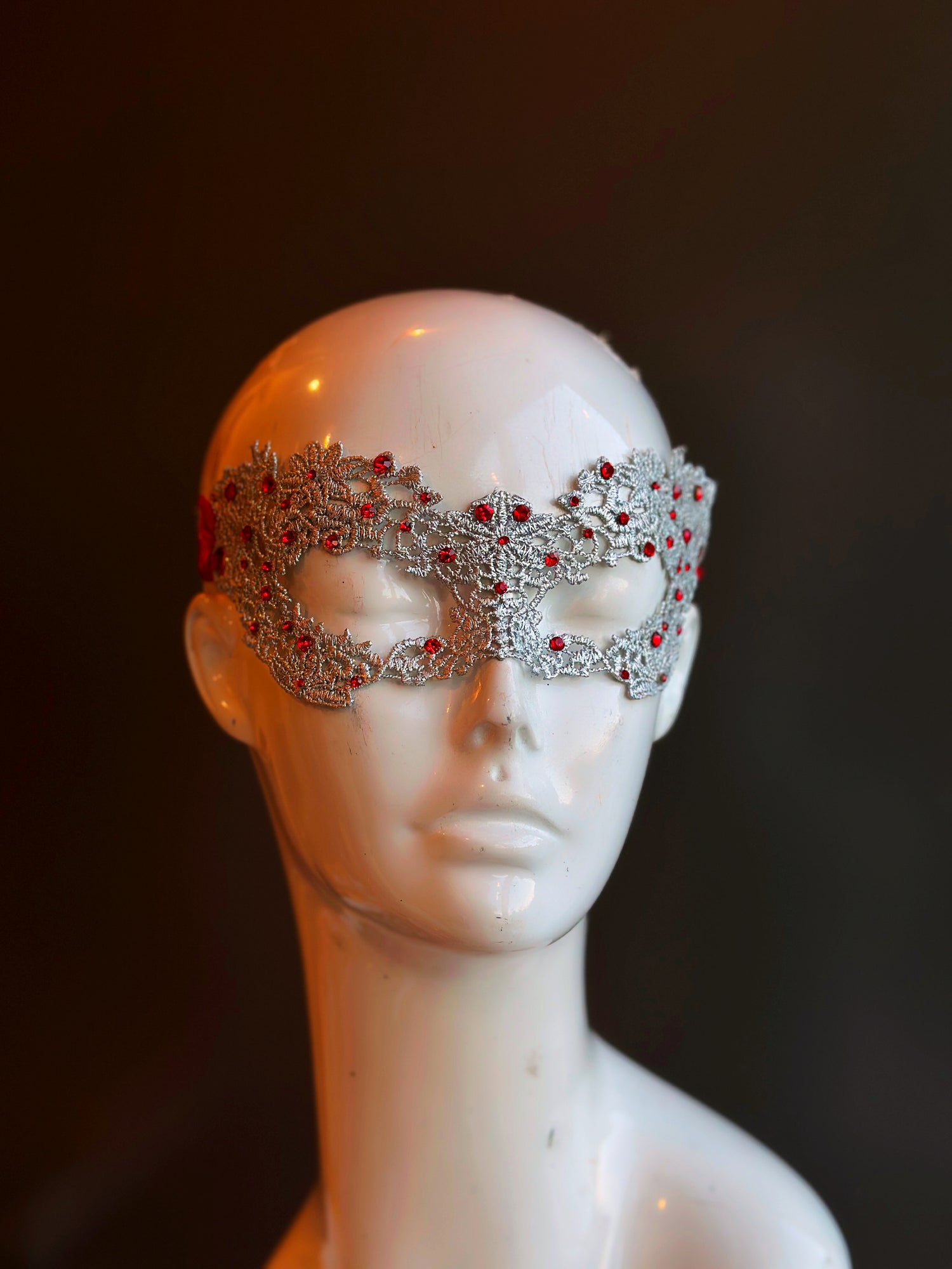 Princess Silver Lace Mask -Red Rhinestones