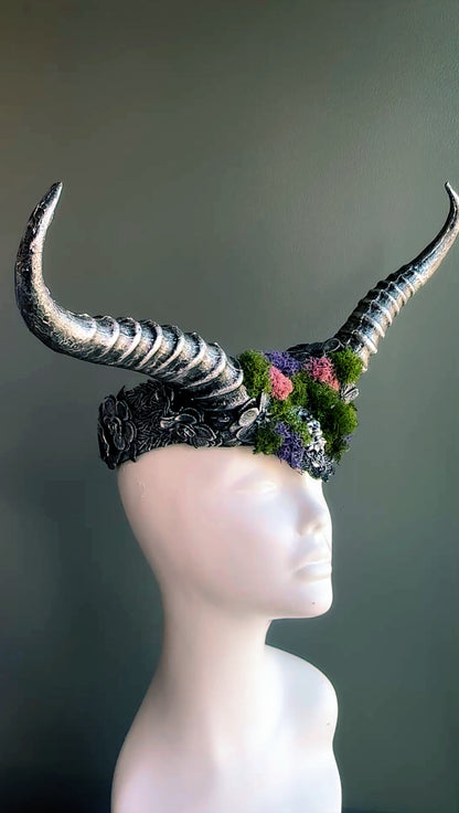 Silver Horn Headpiece - Colorful Moss