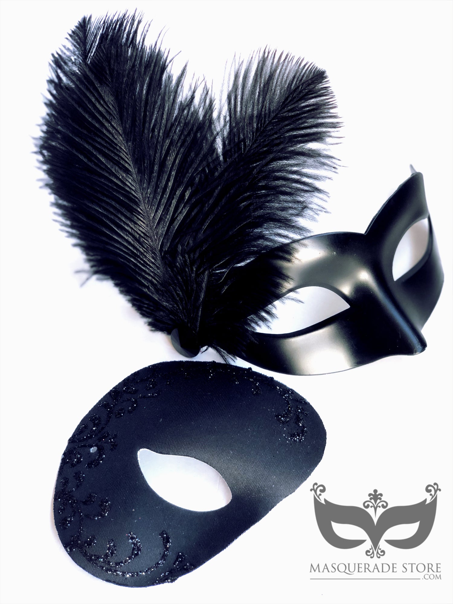 Venetian Masks With Feathers - Black