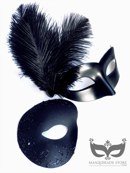 Venetian Masks With Feathers - Black