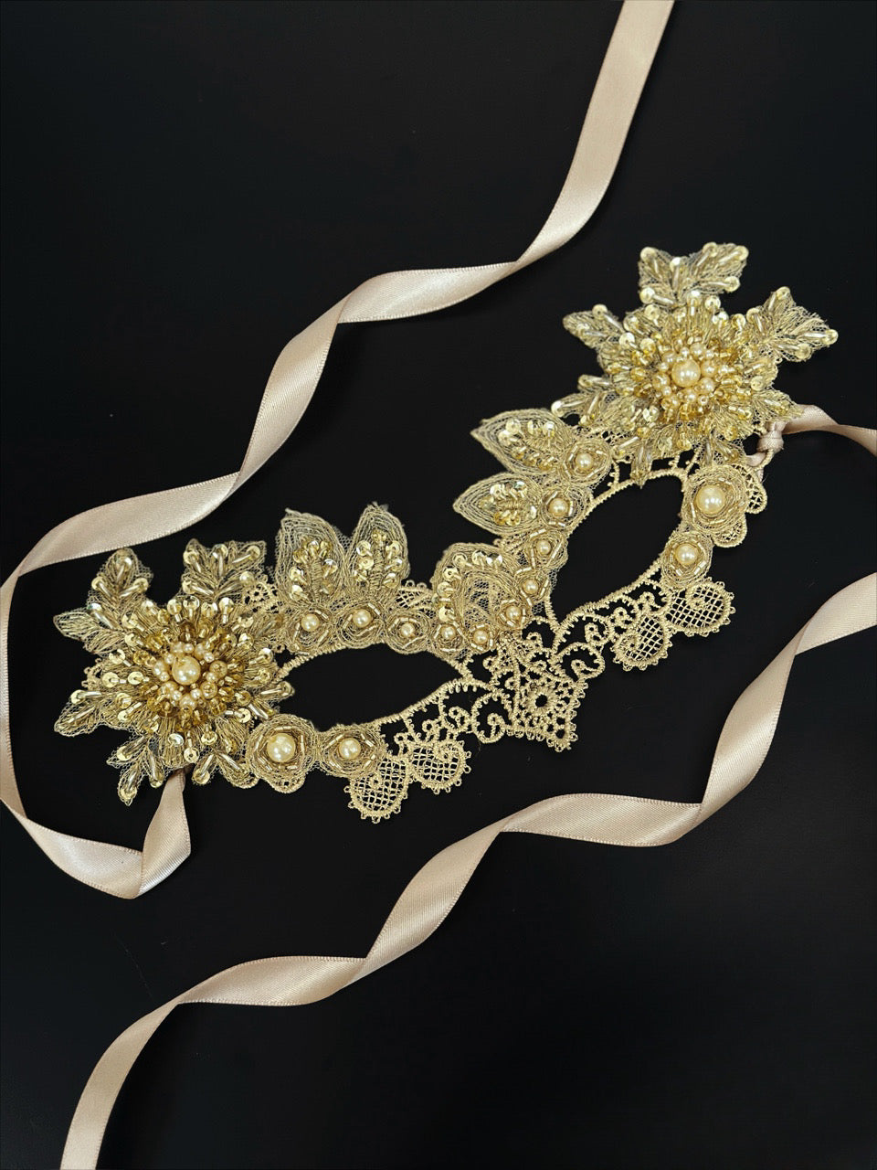 Gold Lace Mask with Pearls – Floral Venetian Design