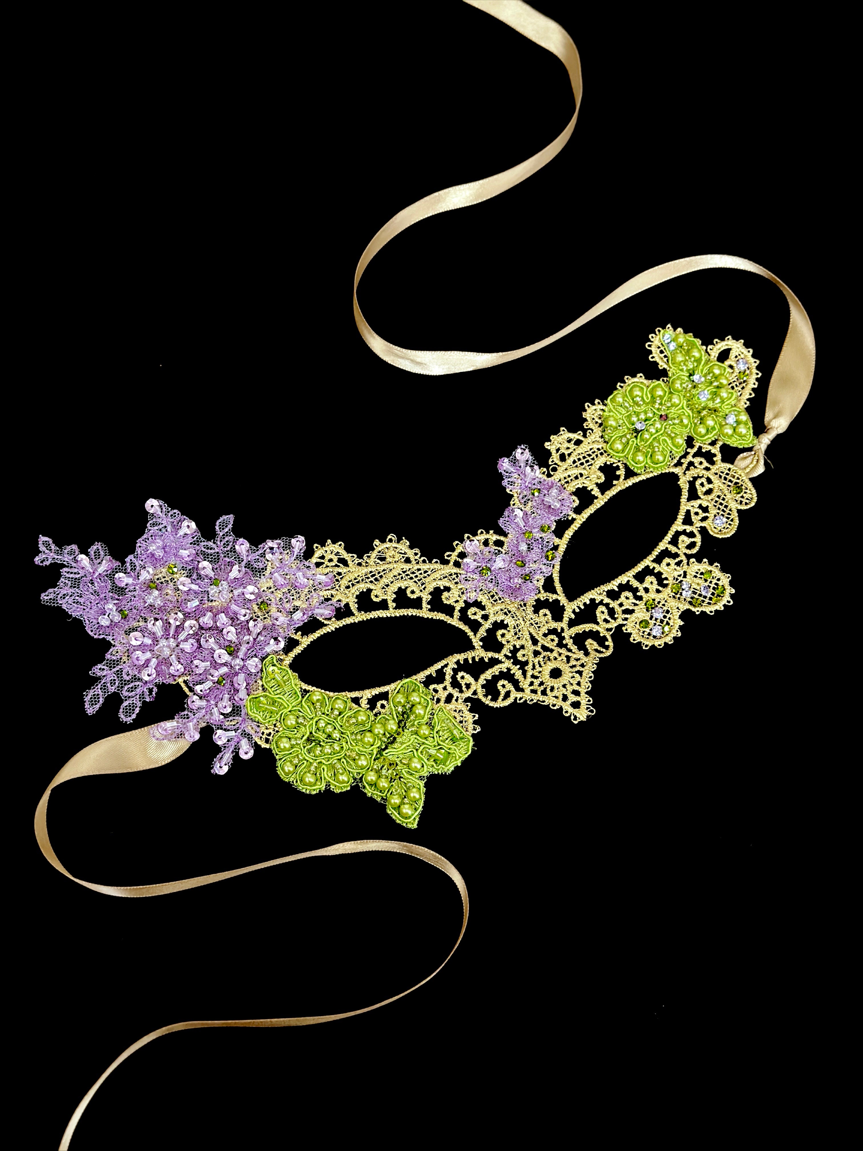 Gold Floral Lace Mask – Lilac &amp; Green