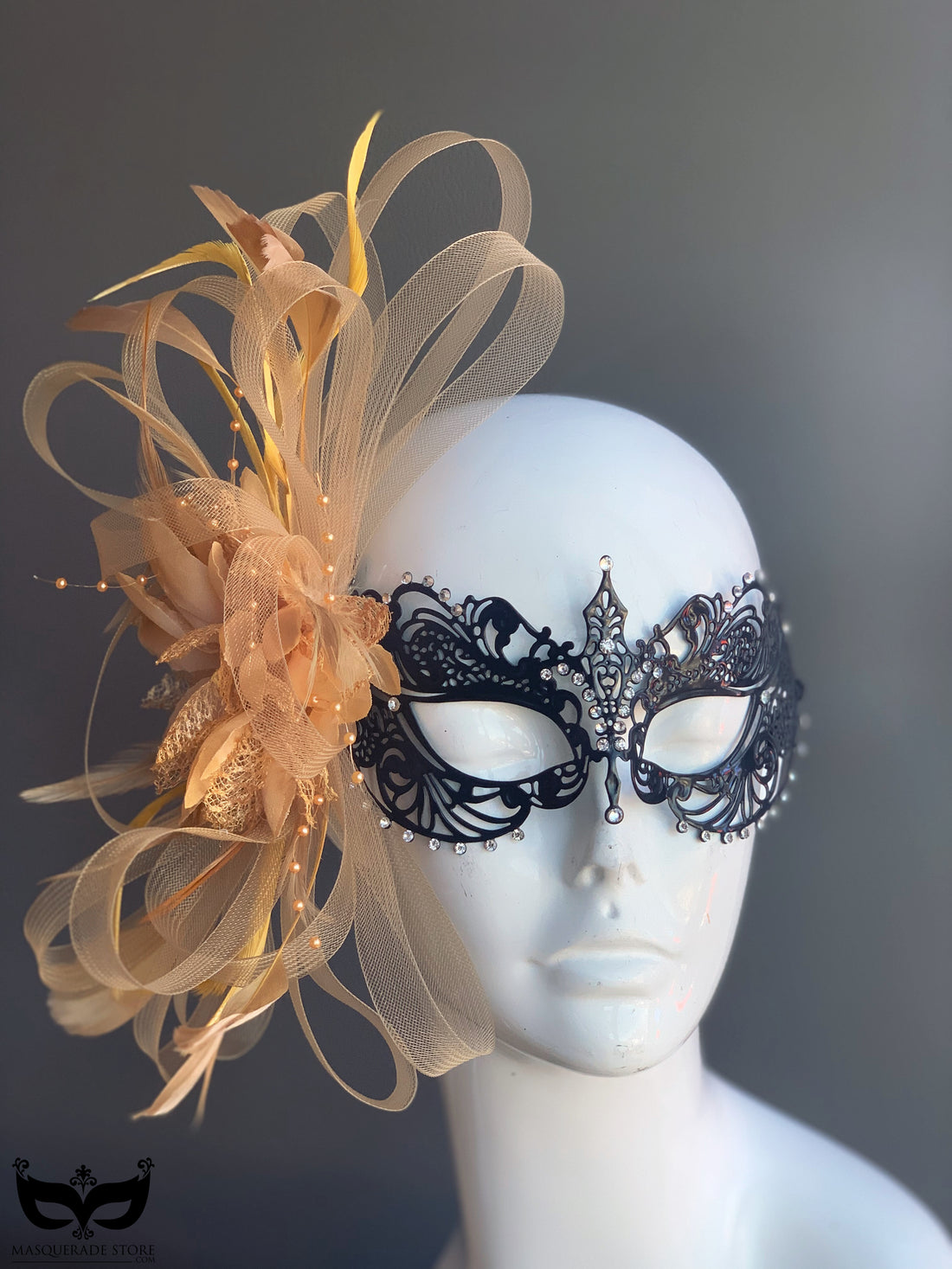 Ana Black Metal Mask - Gold Feathers