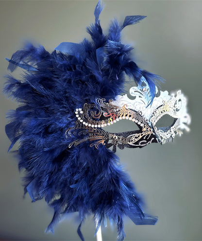 Duca Handheld Stick Feather Mask - Silver/Black