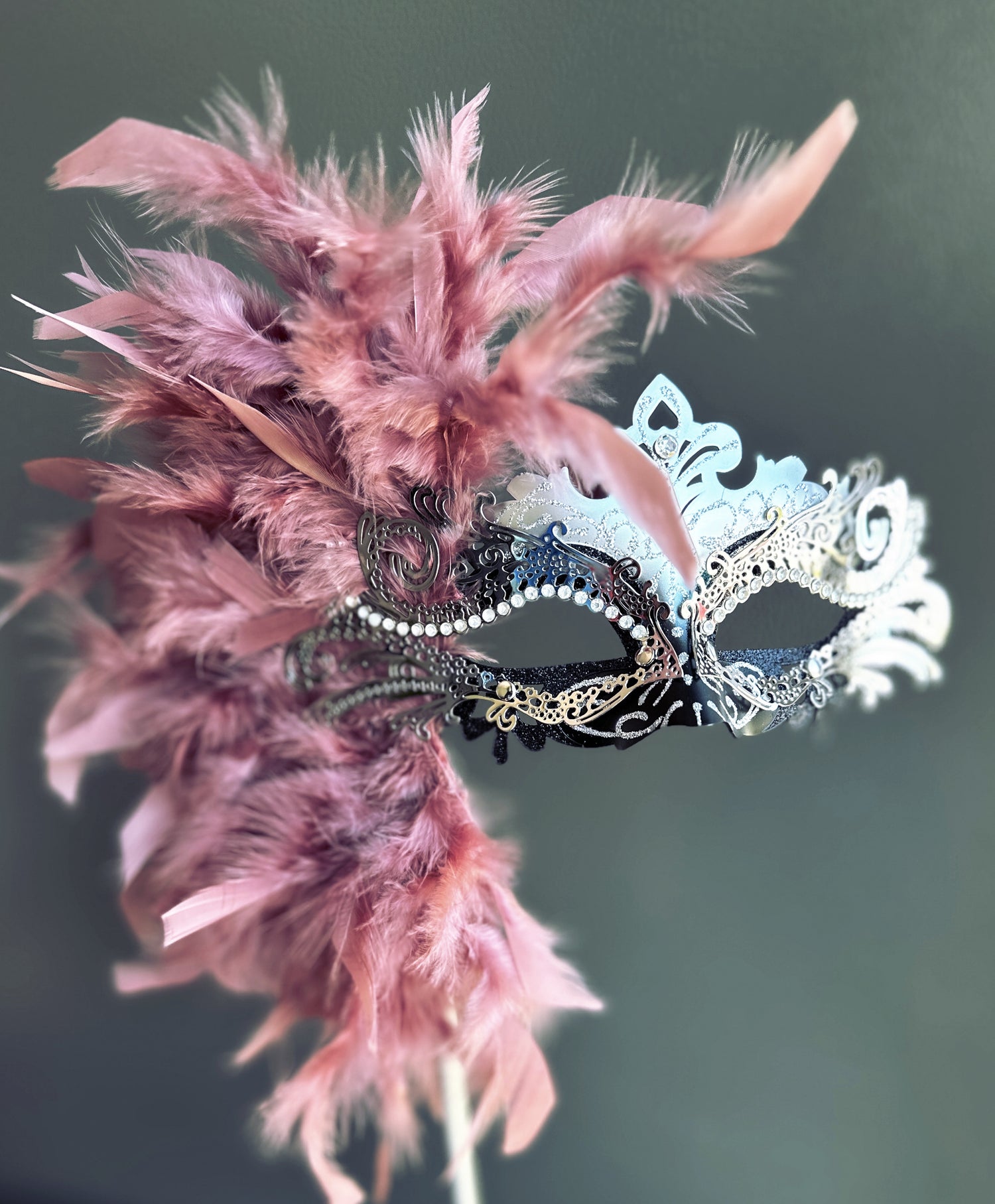 Duca Handheld Stick Feather Mask - Silver/Black