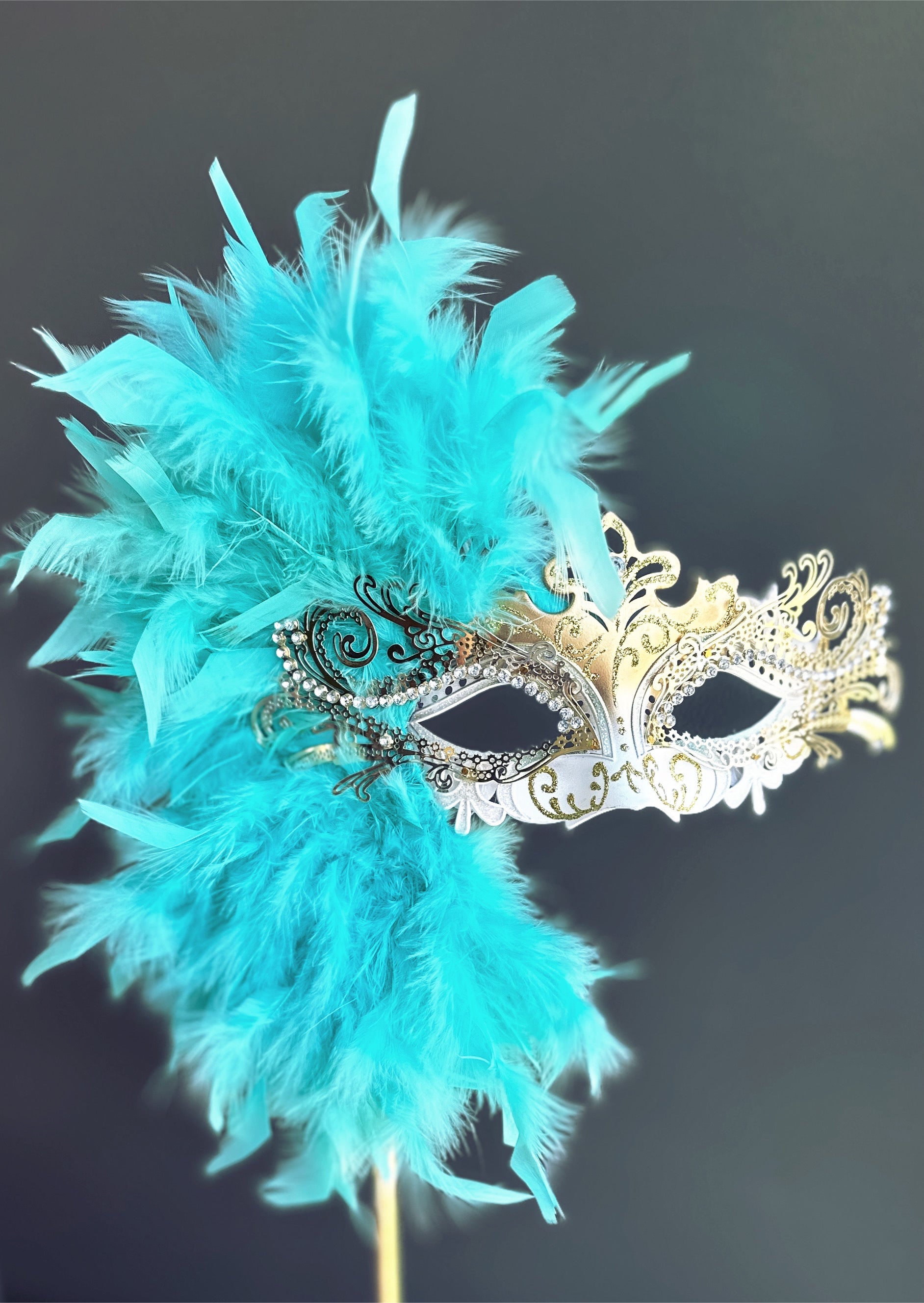 Duca Handheld Stick Feather Mask - Gold/White