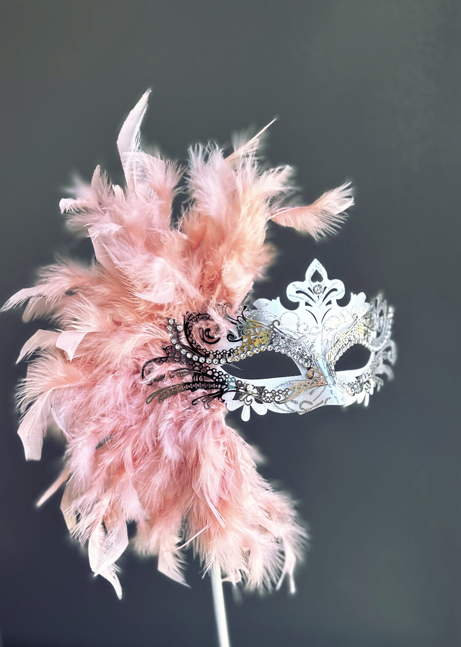 Duca Handheld Stick Feather Mask - Silver/White