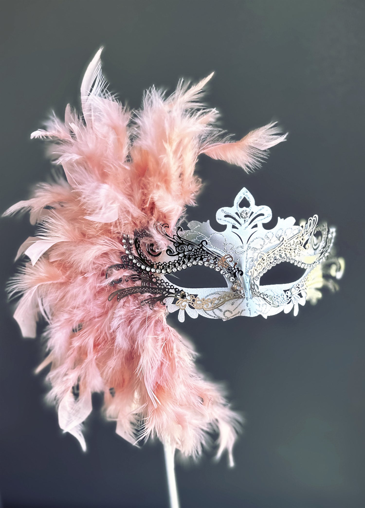 Duca Handheld Stick Feather Mask - Silver/White