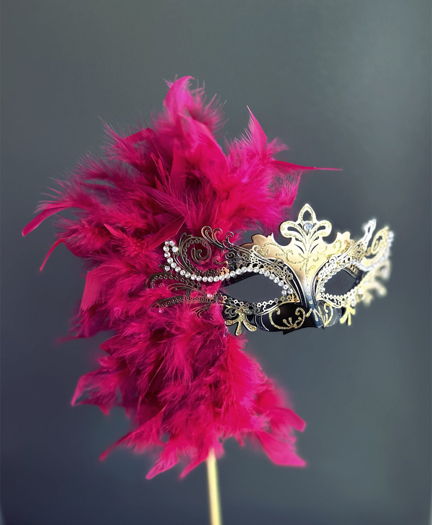 Duca Handheld Stick Feather Mask - Gold/Black