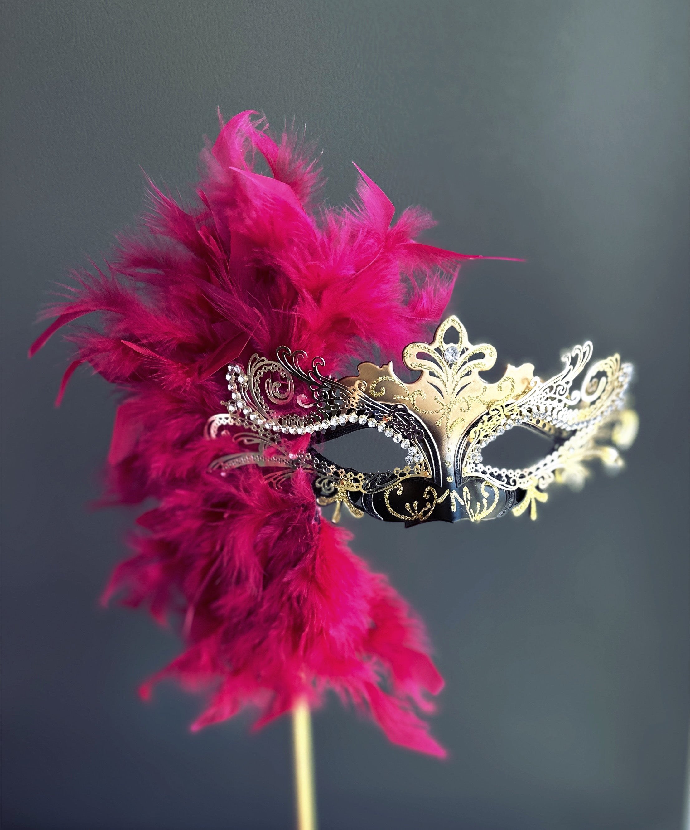 Duca Handheld Stick Feather Mask - Gold/Black