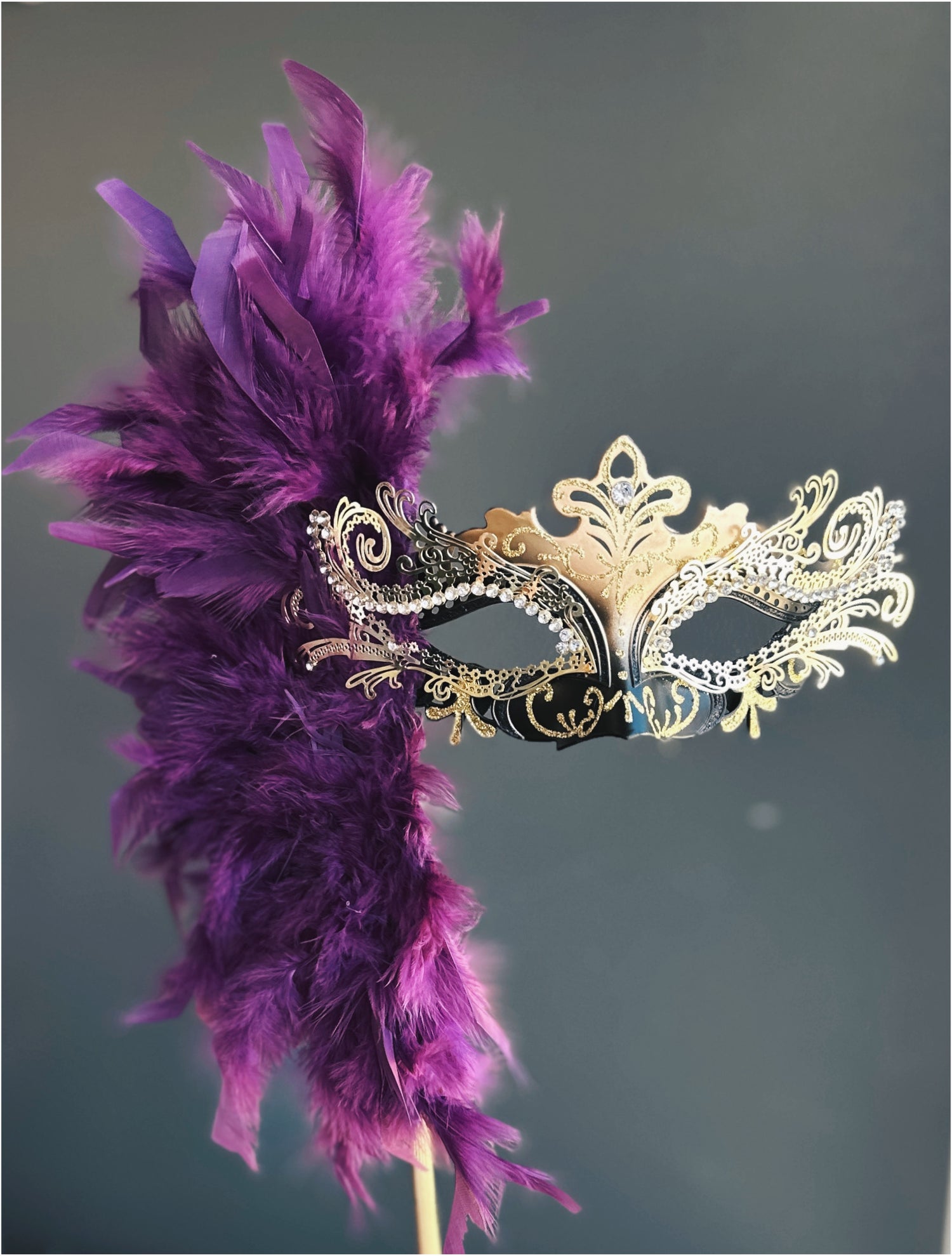 Duca Handheld Stick Feather Mask - Gold/Black