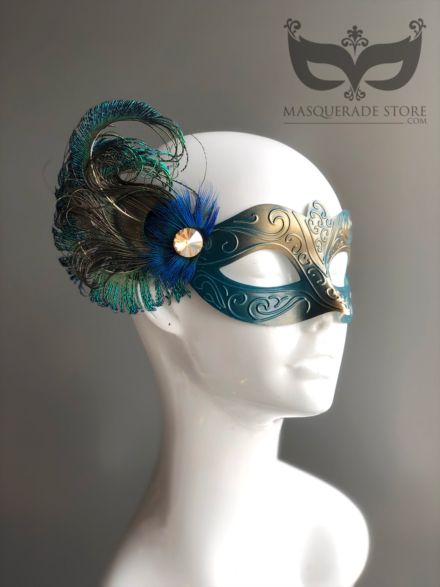 The Muse Teal Gold Mask - Peacock Feathers