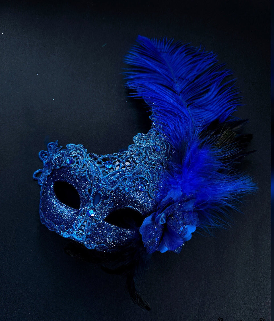 Womens masquerade mask in blue with feathers.