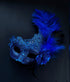 Womens masquerade mask in blue with feathers.