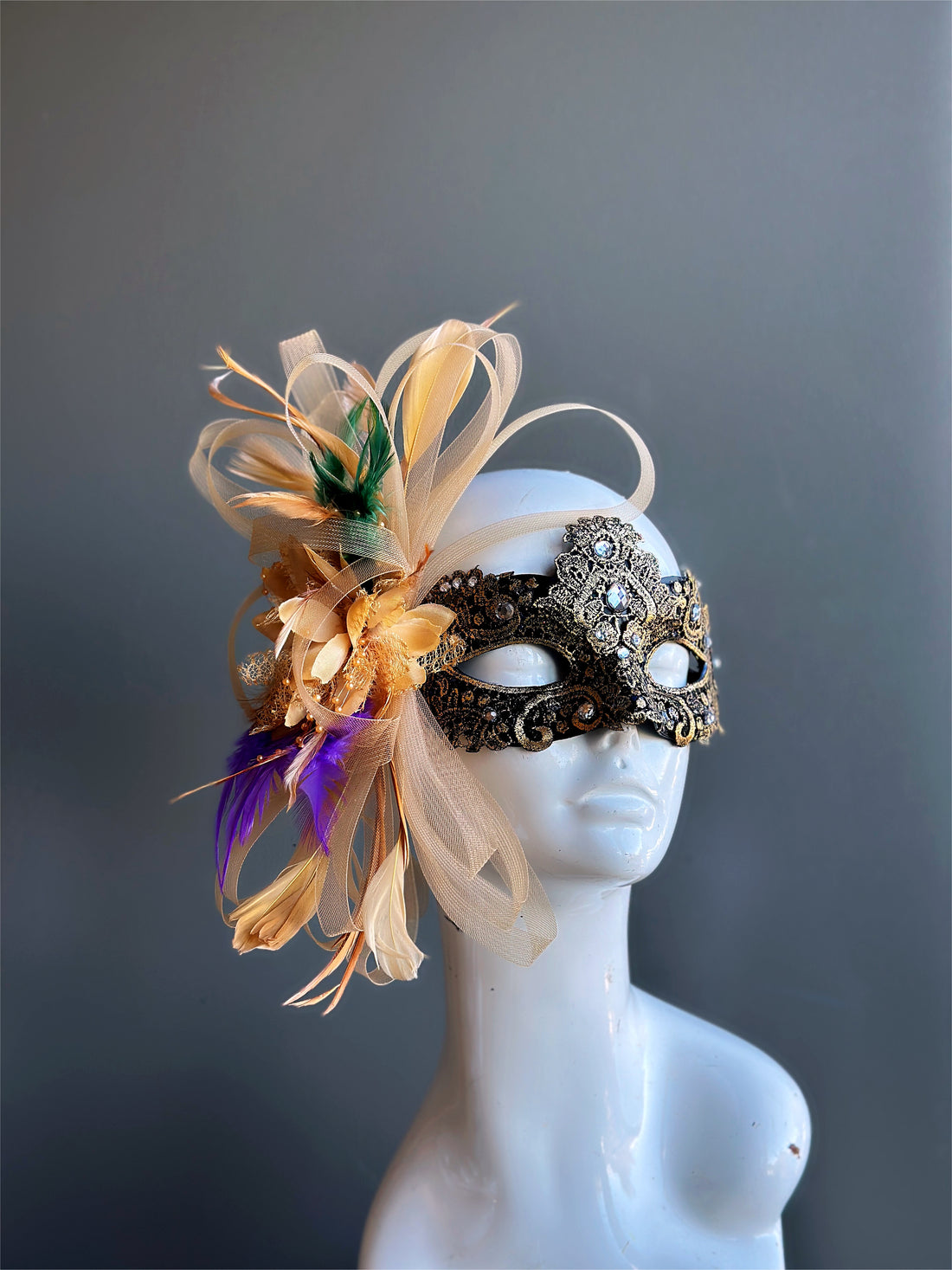 Macrame Feather Mask - Mardi Gras Gold