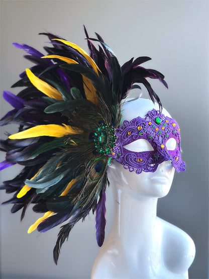 Womens Masquerade Mask Mardi Gras Feathers Purple