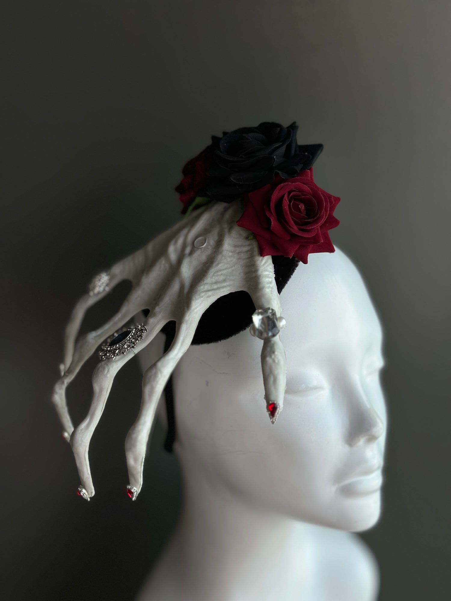 Gothic Hand – Black &amp; Red Rose  Headpiece