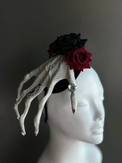 Gothic Hand – Black &amp; Red Rose  Headpiece