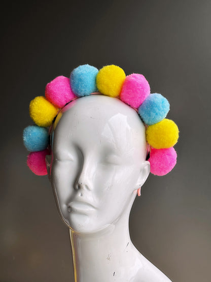 Fuzzy Pompom Headband - Pink/Blue/Yellow