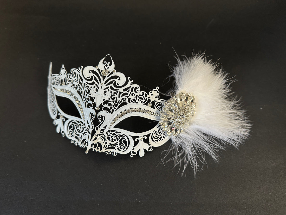 Venetian Bridal Feather Mask - White