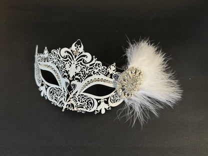 Venetian Bridal Feather Mask - White