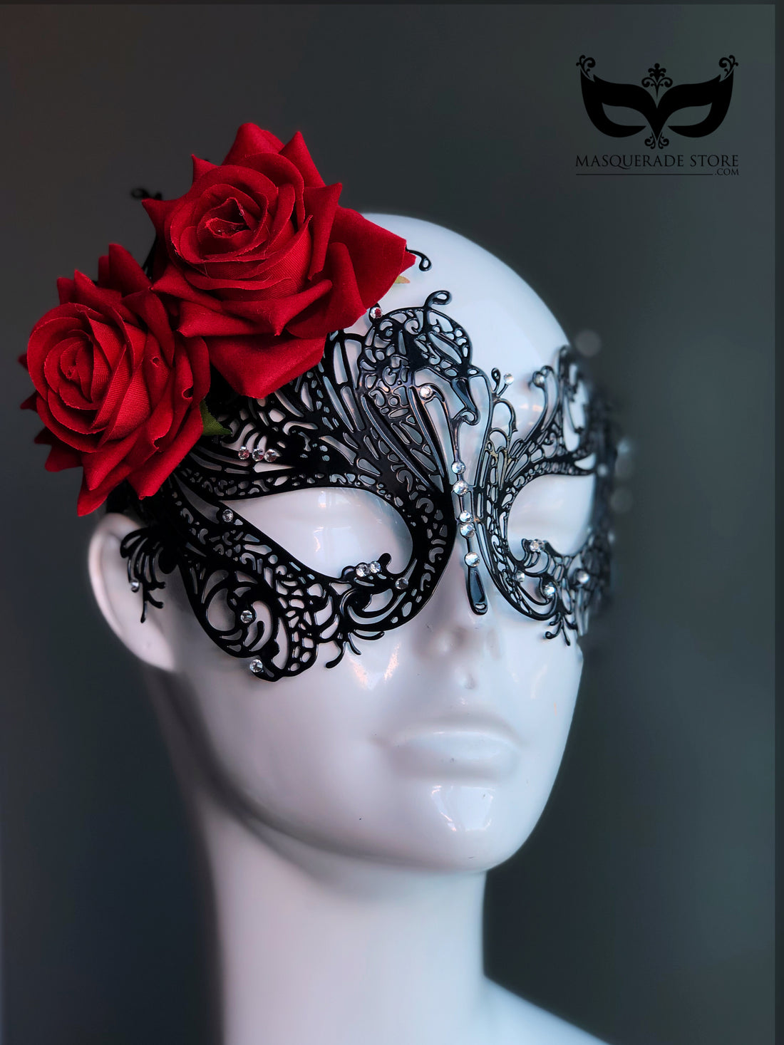 Crimson Bloom Mask - Black with Red Roses