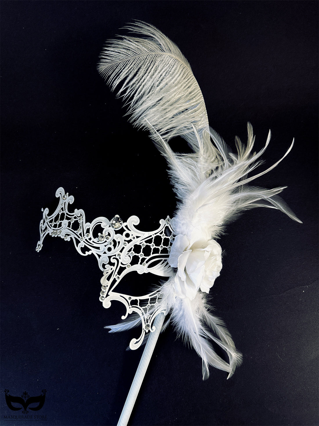 Metal Feather Stick Mask - White