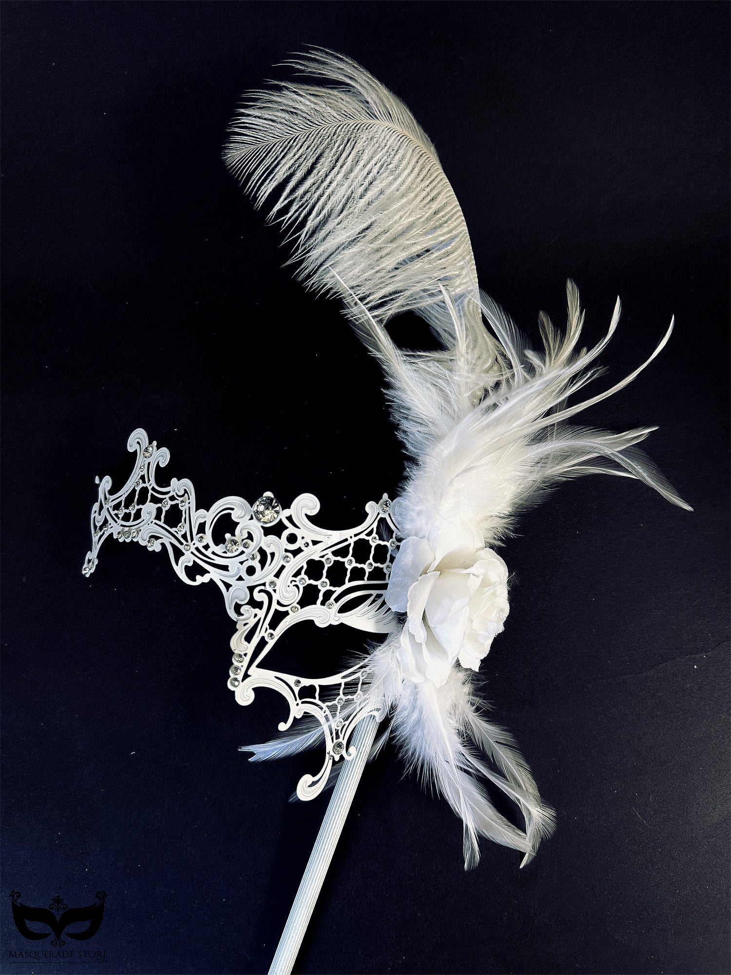 Metal Feather Stick Mask - White