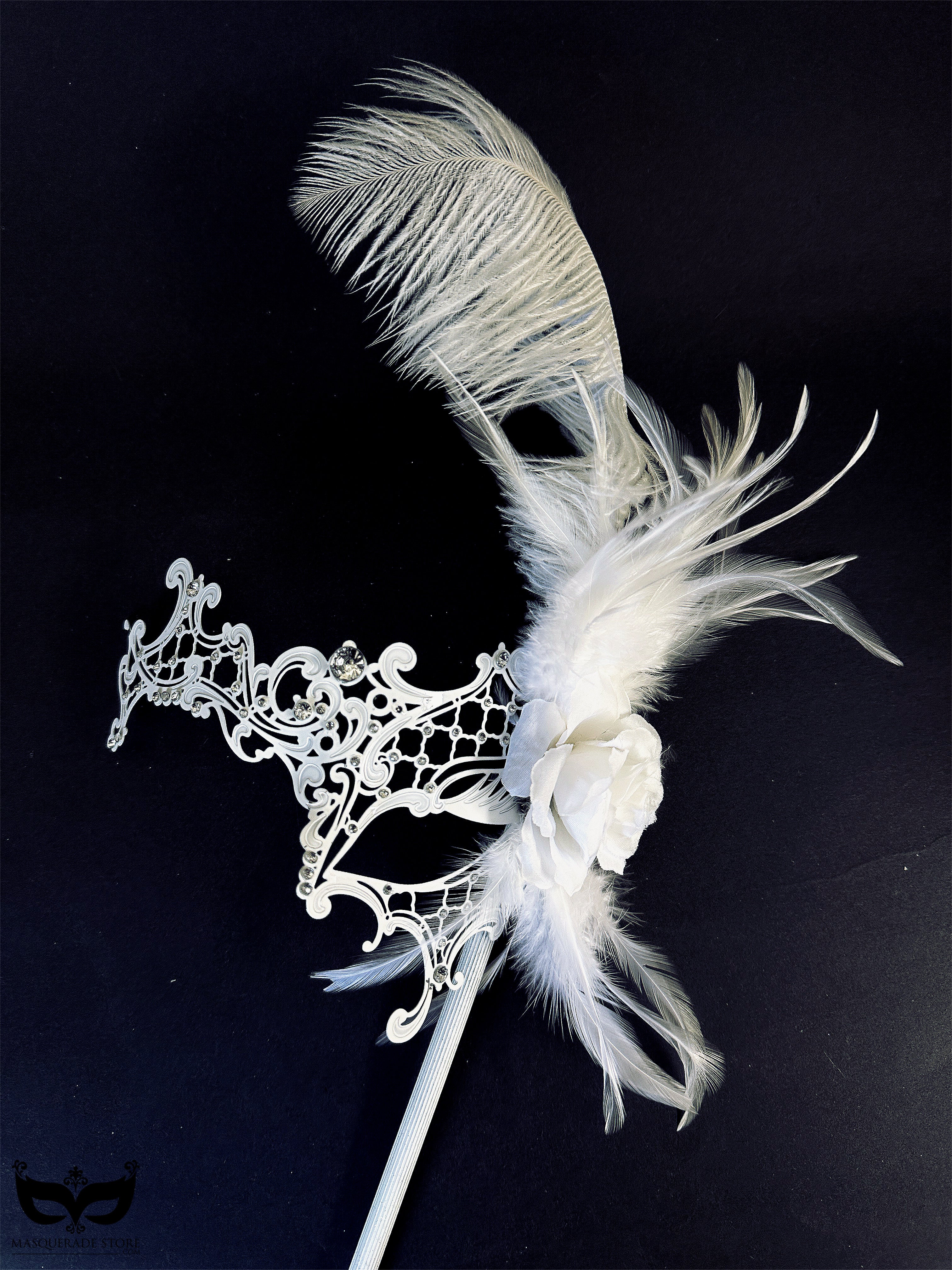 Metal Feather Stick Mask - White