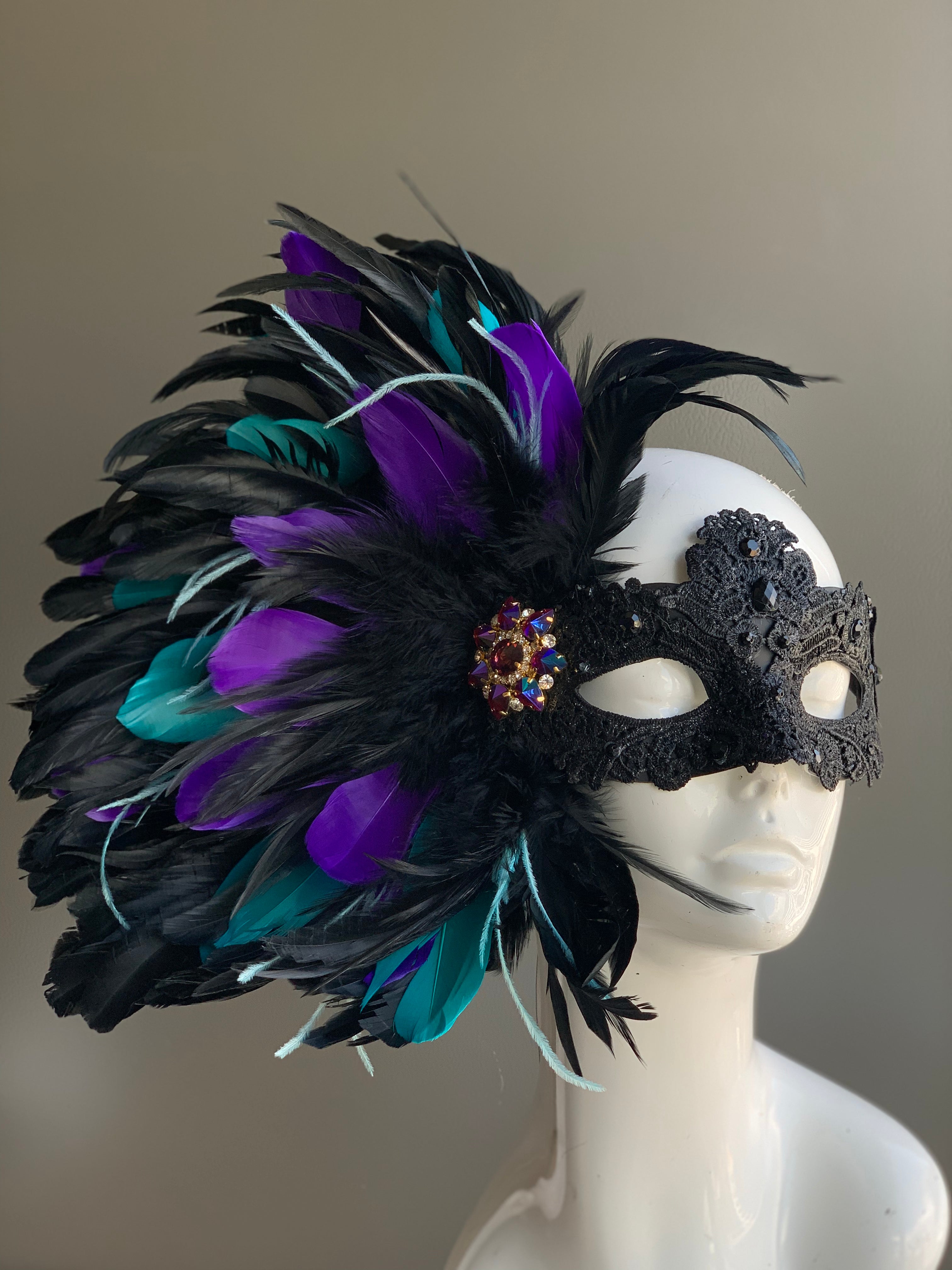 Lux Feather Mask - Black Teal Mix