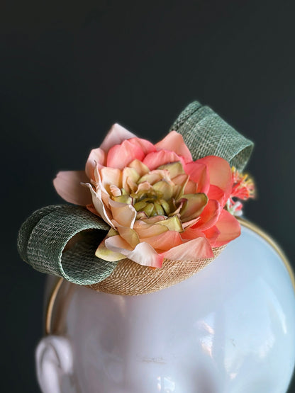 Coral Floral Straw Fascinator Headband