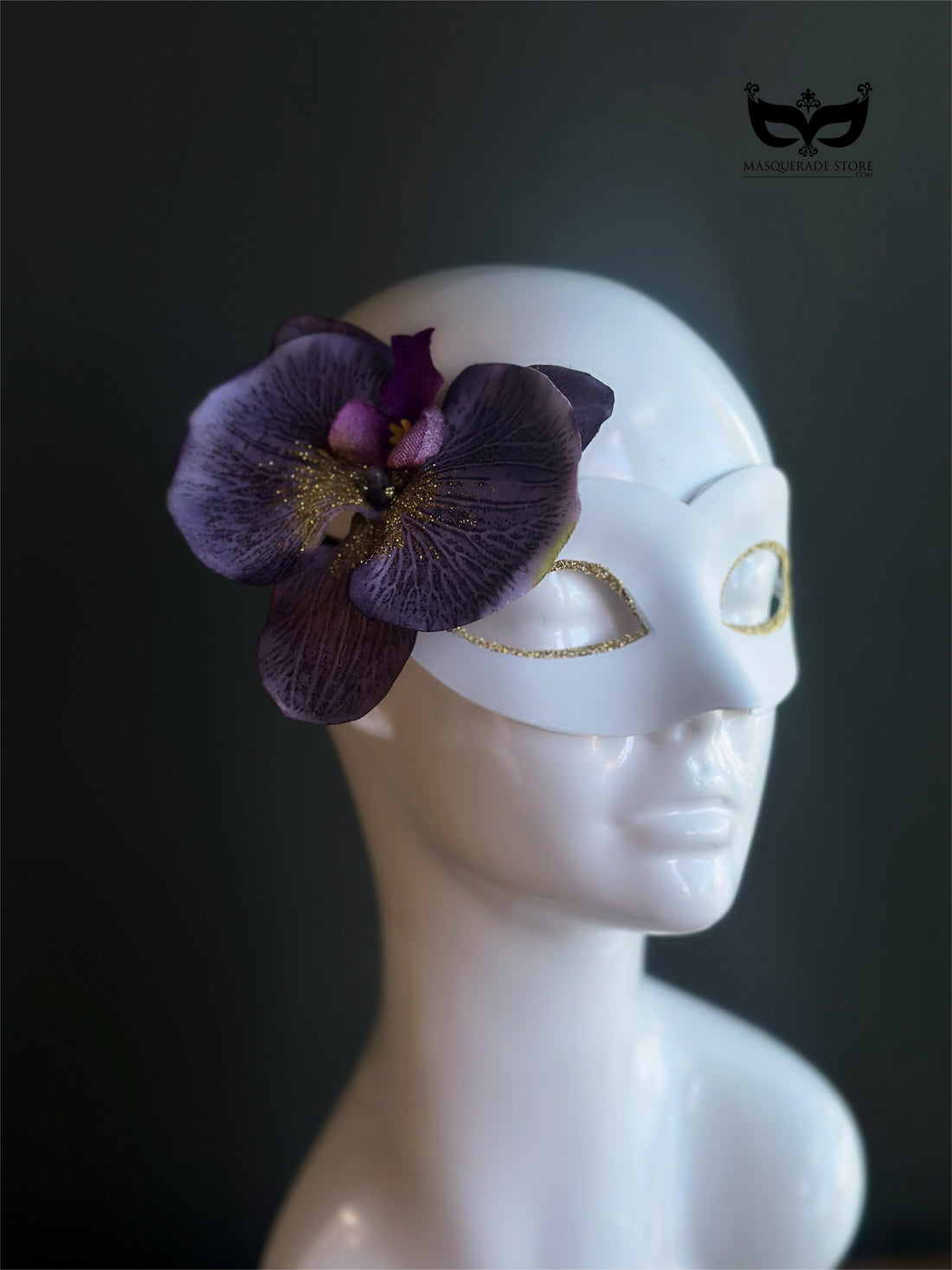 White Venetian Mask with Orchid Flower